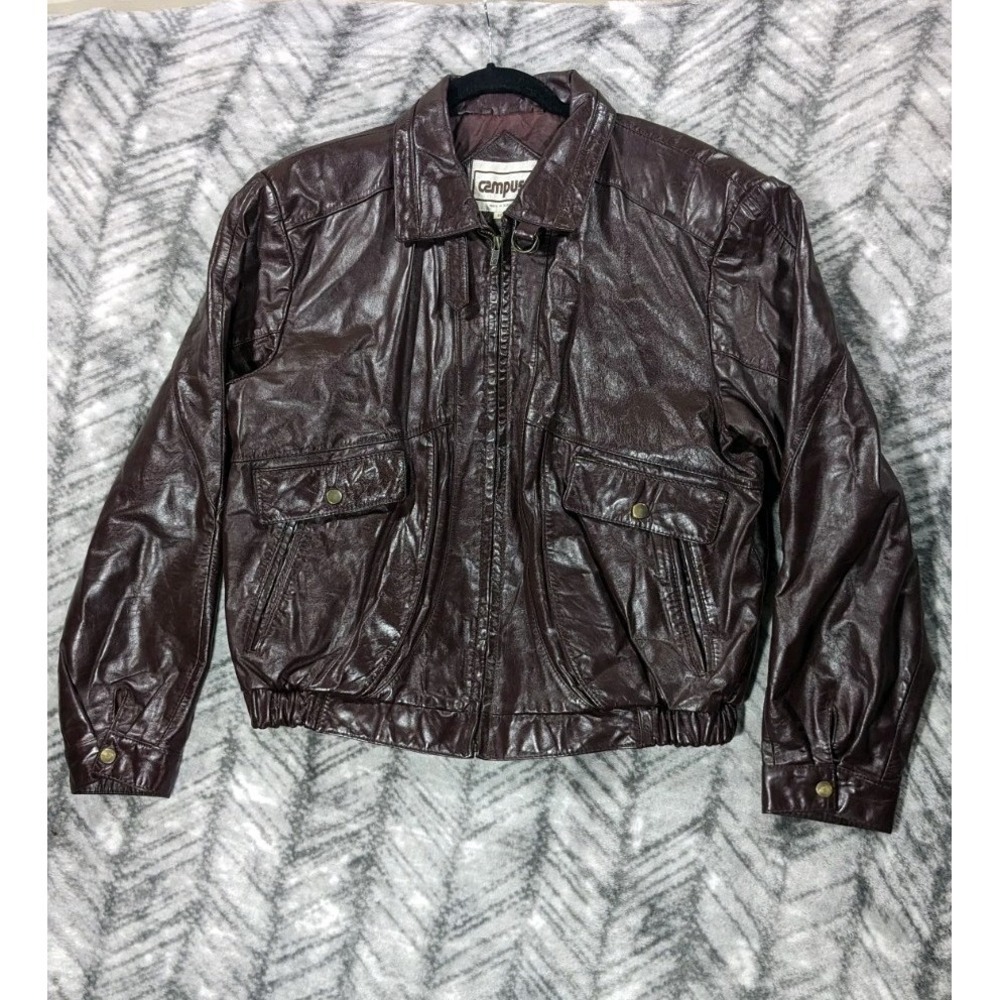 Vintage Campus Leather Bomber Jacket Mens Large Mohagany Brown Chin Strap 44